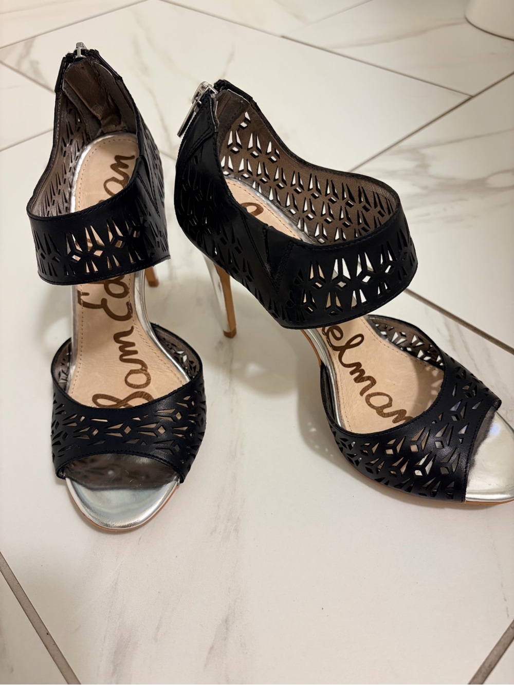 Sam Edelman Alva Black Laser-Cut Open-Toe Stiletto Heels Silver heels